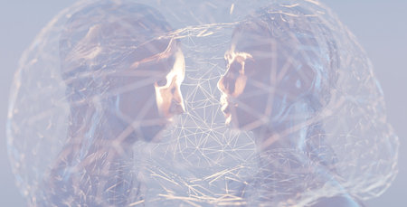 Metaphorical dialogue and exchange of thoughts. Two translucent crystal heads facing each other,...