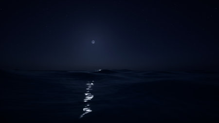 A peaceful night ocean view with a moonlit trail reflecting on calm waves. The starry sky and minimalistic horizon evoke tranquility, ideal for relaxation, travel, or design projects.の写真素材