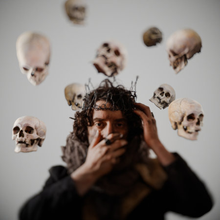 The dramatic Shakespearean hero is terrified by wearing a crown on his head, he is surrounded by ghosts, flying skulls, a surreal concept on an abstract background. Hamlet in modern grunge or post-apocalyptic reinterpretation, young man, tragic Shakespearean hero in a crown of wireの写真素材