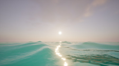 Minimalistic landscape, peaceful sea scene, ocean waves, clear water lapping at camera level, cloudless sky, calm and beautiful natural backgroundの写真素材