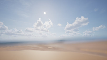 A tranquil ocean landscape with gentle waves, clear water, and a vast horizon. White clouds float in the sky, offering a minimalistic, calming backdrop for summer, travel, or design projects. The water level divides the image in half, and the sandy bottom is visible below.の写真素材