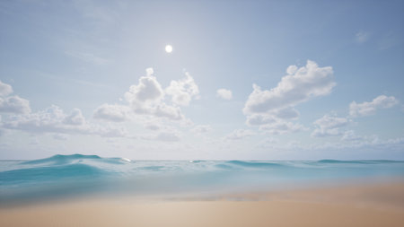 A tranquil ocean landscape with gentle waves, clear water, and a vast horizon. White clouds float in the sky, offering a minimalistic, calming backdrop for summer, travel, or design projects.の写真素材