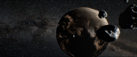 A 3D visualization of Earth during the late heavy bombardment, with asteroids and comets impacting the surface. Fiery explosions and craters depict the chaotic early Archean period, showcasing the origins of organic life.の写真素材