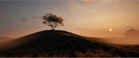 Isaac Newton Sitting under a tree, talks about gravity, the story of the formulation of the law of universal gravitation. 3d rendering, the history of physics. View from afar, picturesque landscapeの写真素材