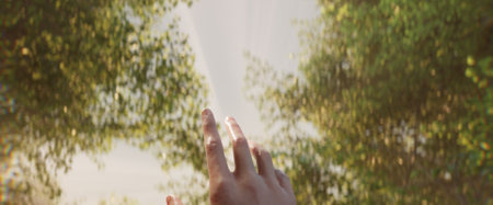 Reaching out to the sun, the suns rays breaking through the green foliage, peaceful natural scene, close-up of the hand, first-person view, smooth focusの写真素材