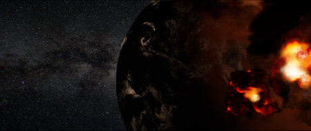 heavy bombardment of the earth by asteroids, the period of formation of organic life on the planet, abiogenesis, about 4-3 billion years ago, 3D visualization, asteroids flying from spaceの写真素材