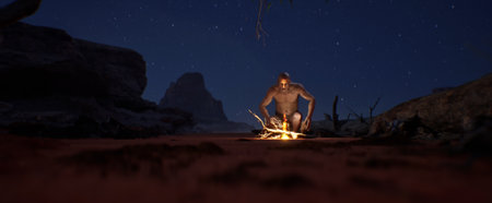 Ancient man made fire, the history of the evolution of the human mind, concept. In the desert at night, a person makes fire by hitting flints of stones against each otherの写真素材