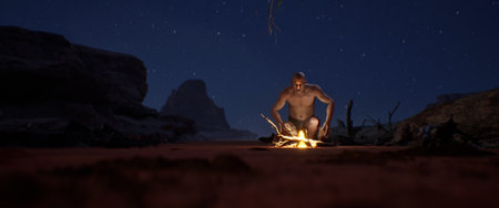 Primitive man was able to make fire himself for the first time, he is shocked and a little scared. 3d scene symbolizing evolution, progress, and the dawn of human ingenuity. a pivotal moment in history and archeology.の写真素材