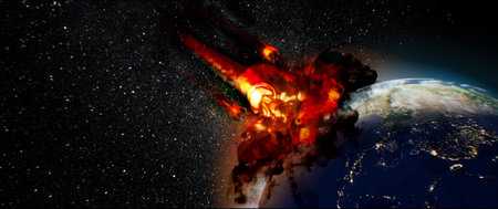 Apocalypse, space disaster, asteroid flying towards Earth, 3d visualization, scene from outer space, danger from outer space, conceptの写真素材