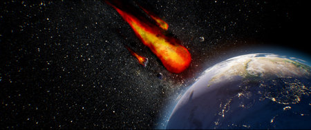 A dramatic 3D render of an asteroid flying toward Earth, depicting an apocalyptic space disaster. The scene shows fiery debris, an impact crater, and the asteroid entering the atmosphere, symbolizing global danger.の写真素材