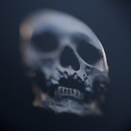 A close-up 3D render of a human skull with eerie distortion effects, styled like a horror movie. The detailed anatomy and scary aesthetic suit Halloween, archeology, or horror-themed projects.の写真素材