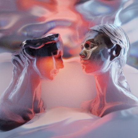 digital space, virtual communication, conceptual life in the metaverse. two people in the form of translucent heads, against the background of abstract spaceの写真素材