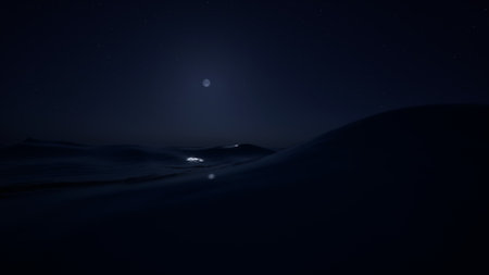 A tranquil night ocean scene featuring a moonlit path on calm waves under a starry sky. The minimalistic, dark landscape exudes peace and beauty, perfect for relaxation or travel themes.の写真素材