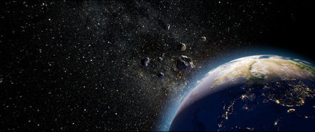 Apocalypse, space disaster, asteroid flying towards Earth, 3d visualization, scene from outer space, danger from outer space, conceptの写真素材