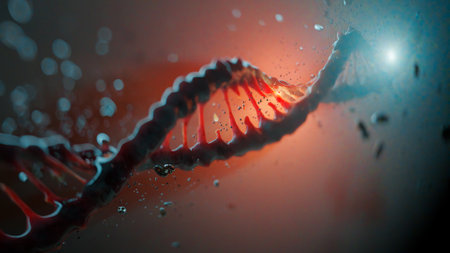 3D visualization of DNA spiral with molecular movement, showcasing genetic code formation and life evolution in vibrant colors.の写真素材