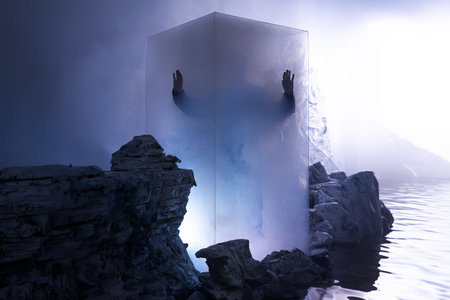 Sci-fi survivalist in ice confinement on frozen alien planet, dramatic cinematic scene with smoke and fogの写真素材