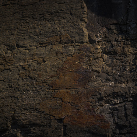 A textured stone background with chiaroscuro lighting, showcasing a brutal, monolithic rock formation. Cracks and fragments highlight its geological power, perfect for design templates or science-themed projects.の写真素材