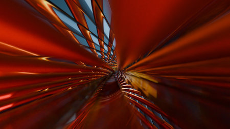Metallic spiral with glass-like refraction patterns dissolving into deep abstract spaceの写真素材