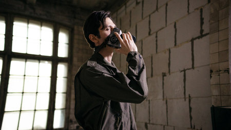 Combat-ready man in military gear with breathing apparatus, intense grunge-style portrait