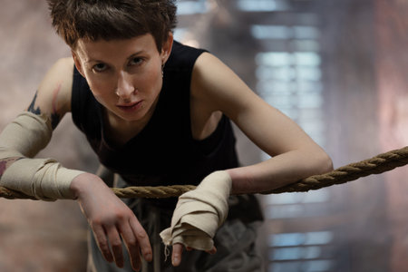 A woman in a boxing gym, portrait by the ropes, close-up. cinematic style, Respite before training, motivationの写真素材