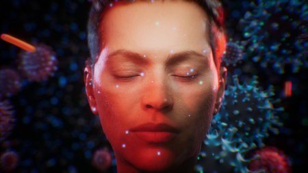 Anxious woman surrounded by giant floating viruses and bacteria, airborne disease transmission...
