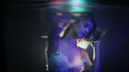Cinematic water reflection portrait of enigmatic young woman in artistic fantasy style