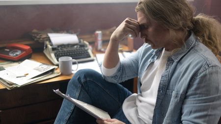 Debts, a depressed And untidy man looks through bills and documents while sitting in a smoky officeの写真素材