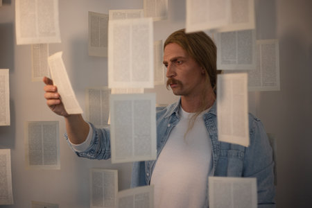 Depressed man surrounded by floating failed plans and to-do lists, symbolizing burnout and...
