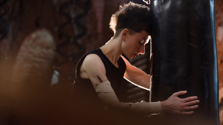 A woman in a boxing ring, tiredly leaned on a punching bag to regain her breath after an intense workout. The photo is in a cinematic style, the light gives the mood to a sports motivational story about self-improvement and the path to the goalの写真素材