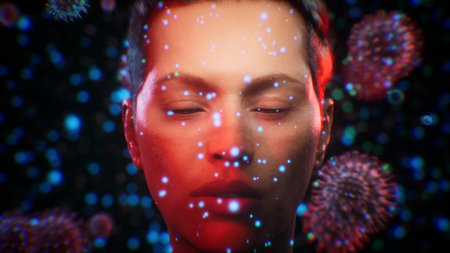 Scientific visualization of person surrounded by magnified bacteria and viruses in air particles.