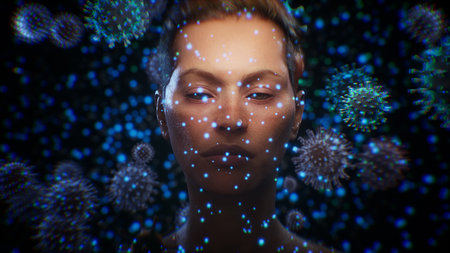 Lots of bacteria and viruses in the air and in particles, virus transfer by airborne droplets, concept. Human face and various bacteria and viruses,の写真素材