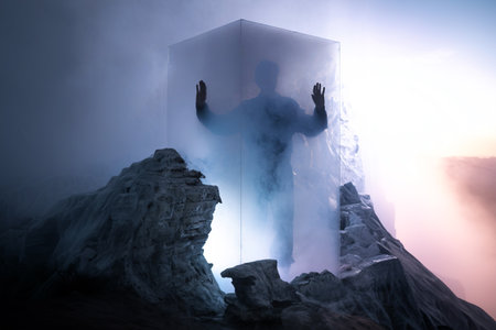 Space explorer encased in ice on alien world, cinematic sci-fi survival scene with dramatic smoke effectsの写真素材