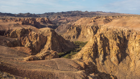 Majestic landscape of steppes and canyons of Kazakhstan, cliffs and gorges, intricate rocks.の写真素材