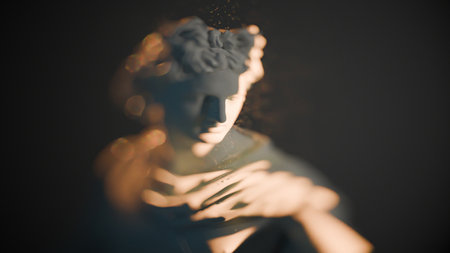 Antique sculpture of Apollo, soft focus effect, 3d model of classical sculpture. A golden ray of...