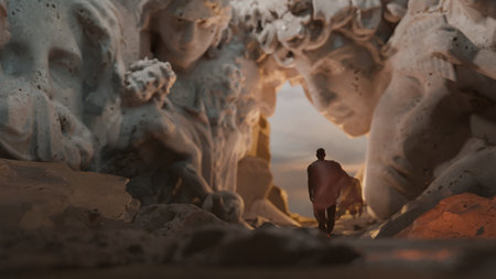 Allegorical scene of man versus gods: hiker amid massive stone deities in canyonの写真素材