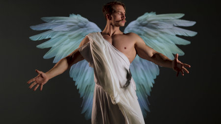 A battle angel in a white tunic, a concept in the antique style or in the style of Renaissance painting, a muscular young manの写真素材