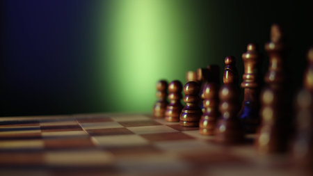 Moving footage of chess pieces on a spinning game board, illustrating the strategic confrontation between opposing black and white armies in mental combat. Semi-darkness and warm lightingの写真素材