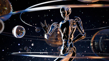 Retrofuturism-style robot against abstract background, vintage sci-fi aesthetic.