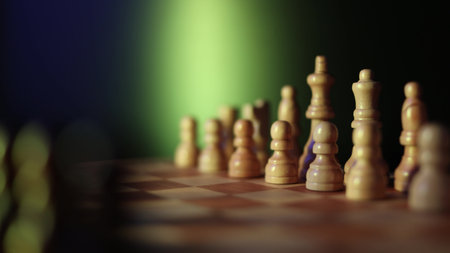 Animated sequence showing chess pieces on revolving board, capturing the essence of strategic decision-making and the black versus white dichotomy in chess. Semi-darkness and warm lightingの写真素材