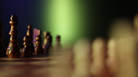 Animated sequence showing chess pieces on revolving board, capturing the essence of strategic decision-making and the black versus white dichotomy in chess. Semi-darkness and warm lightingの写真素材