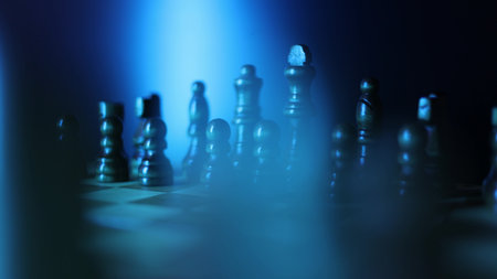 Chess, dynamic video of chess pieces on a rotating chessboard, the concept of confrontation between black and white. intellectual play, willingness to make the first move, Semi-darkness and blue backlightの写真素材