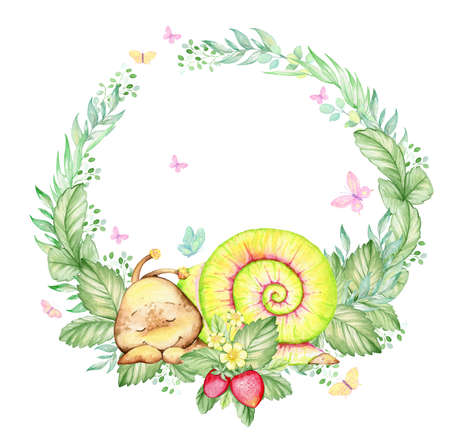 cute snail, plants, butterfly, strawberry. Watercolor frame, on an isolated background, in cartoon style.の写真素材