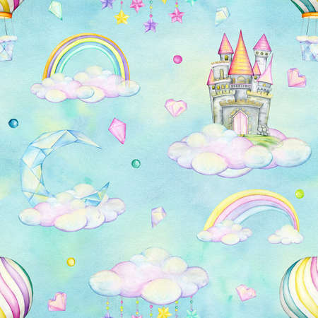 Castle, balloon, crystals, hearts, rainbow, moon, garland, clouds, cartoon style, hand drawn. Watercolor seamless pattern on a blue background.の写真素材