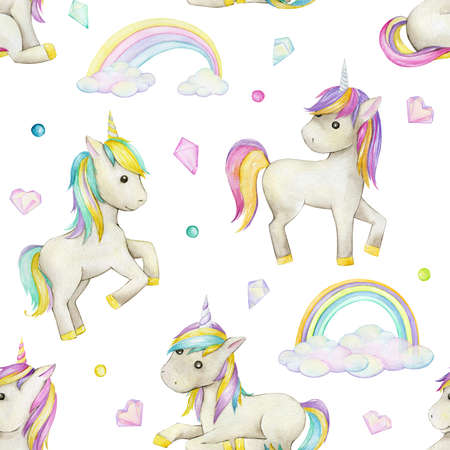 Watercolor seamless pattern, on an isolated background. Unicorns, crystals, hearts, rainbows, clouds, in cartoon style, drawn by hand.の写真素材