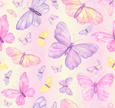 Butterflies are colorful, of different colors, on a multicolored background. watercolor seamless pattern.の写真素材