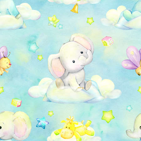 Cute elephants, sailors, riding whales. Watercolor seamless pattern on an isolated background.の写真素材