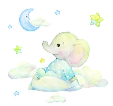 Cute baby elephant, in blue clothes, sitting on the clouds. watercolor clipart, in cartoon style, on a poured backgroundの写真素材