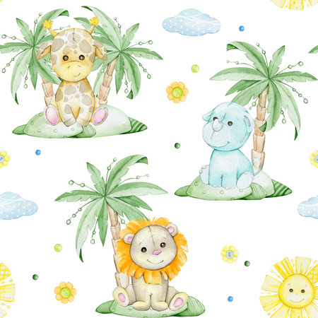 giraffe, lion, rhinoceros, palm tree, watercolor seamless pattern in cartoon style on an isolated background.の写真素材
