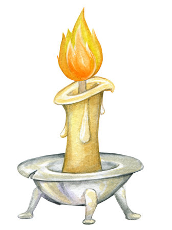 candle, fire, metal candlestick. Watercolor clipart in cartoon style, but isolated background.の写真素材