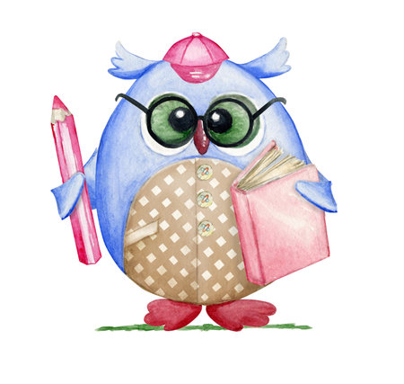 owl, cartoon style, pencil book. Watercolor clipart, on a school theme, in a cartoon style.の写真素材